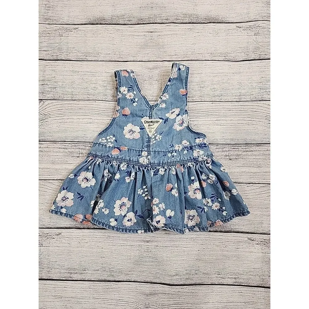 OshKosh B'Gosh Vestbak Overall Dress Girls Size 3-6 Months Blue Pink Floral